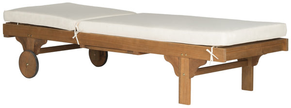 Safavieh Newport Chaise Lounge Chair with Side Table Teak Brown Beige Silver Eucalyptus Wood Polyester Foam Galvanized Steel PAT7022C 889048006072