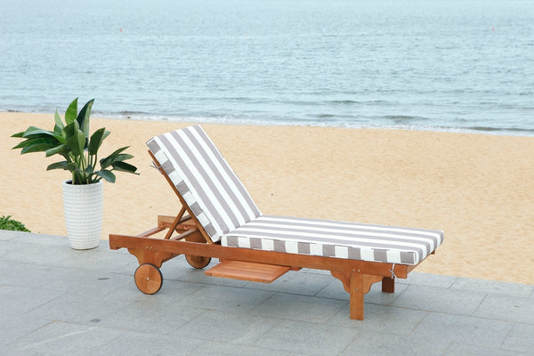 Safavieh Newport Chaise Lounge Chair with Side Table Natural Grey White Wood Eucalyptus Wood Polyester Foam Galvanized Steel PAT7022E