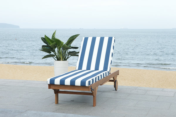 Safavieh Newport Chaise Lounge Chair with Side Table Natural Navy White Wood Eucalyptus Wood Polyester Foam Galvanized Steel PAT7022F