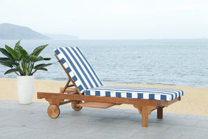 Safavieh Newport Chaise Lounge Chair with Side Table Natural Navy White Wood Eucalyptus Wood Polyester Foam Galvanized Steel PAT7022F
