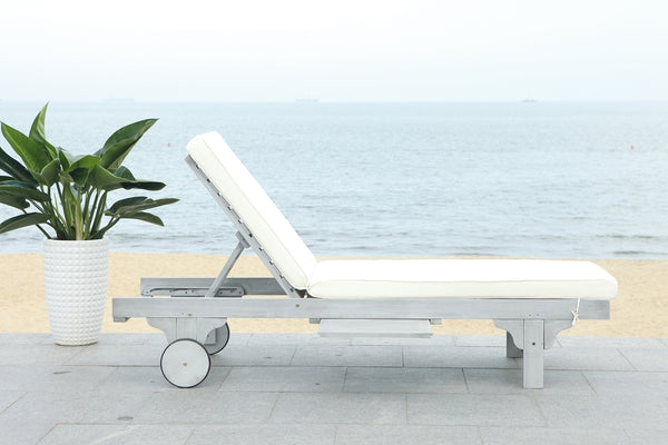 Safavieh Newport Chaise Lounge Chair with Side Table Ash Grey White Wood Eucalyptus Wood Polyester Foam Galvanized Steel PAT7022H