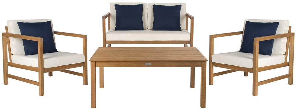 Safavieh Montez Outdoor Set with Accent Pillows 4 Piece Teak White Navy Silver Eucalyptus Wood Polyester Foam Galvanized Steel PAT7030A 889048318779