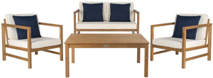 Safavieh Montez Outdoor Set with Accent Pillows 4 Piece Teak White Navy Silver Eucalyptus Wood Polyester Foam Galvanized Steel PAT7030A 889048318779