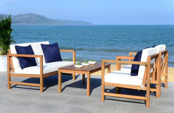 Safavieh Montez Outdoor Set with Accent Pillows 4 Piece Teak White Navy Silver Eucalyptus Wood Polyester Foam Galvanized Steel PAT7030A 889048318779