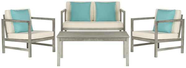 Safavieh Montez Outdoor Set 4 Piece Grey Wash White Light Blue Silver Eucalyptus Wood Polyester Foam Galvanized Steel PAT7030B 889048318816