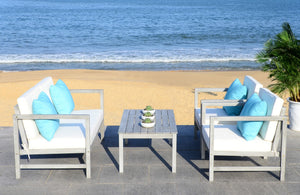 Safavieh Montez Outdoor Set 4 Piece Grey Wash White Light Blue Silver Eucalyptus Wood Polyester Foam Galvanized Steel PAT7030B 889048318816