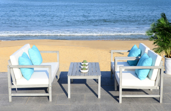 Safavieh Montez Outdoor Set 4 Piece Grey Wash White Light Blue Silver Eucalyptus Wood Polyester Foam Galvanized Steel PAT7030B 889048318816