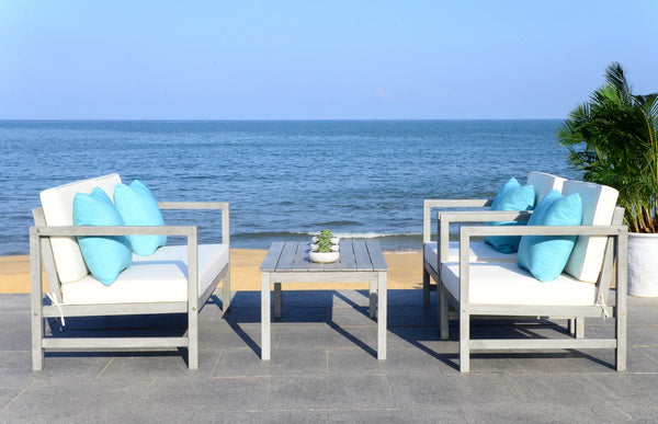 Safavieh Montez Outdoor Set 4 Piece Grey Wash White Light Blue Silver Eucalyptus Wood Polyester Foam Galvanized Steel PAT7030B 889048318816