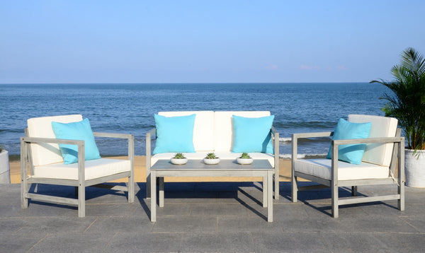 Safavieh Montez Outdoor Set 4 Piece Grey Wash White Light Blue Silver Eucalyptus Wood Polyester Foam Galvanized Steel PAT7030B 889048318816