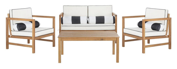 Safavieh Montez Outdoor Set with Accent Pillows 4 Piece Teak Black White Silver Eucalyptus Wood Polyester Foam Galvanized Steel PAT7030C 889048367500