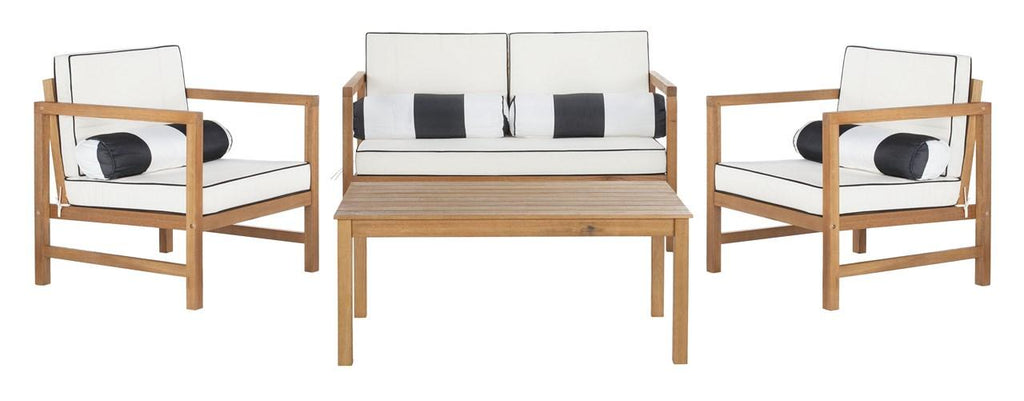 Safavieh Montez Outdoor Set with Accent Pillows 4 Piece Teak Black White Silver Eucalyptus Wood Polyester Foam Galvanized Steel PAT7030C 889048367500