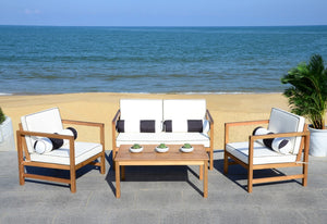 Safavieh Montez Outdoor Set with Accent Pillows 4 Piece Teak Black White Silver Eucalyptus Wood Polyester Foam Galvanized Steel PAT7030C 889048367500