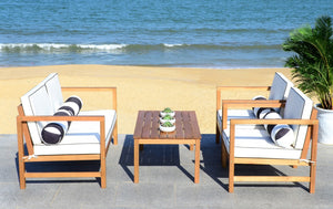 Safavieh Montez Outdoor Set with Accent Pillows 4 Piece Teak Black White Silver Eucalyptus Wood Polyester Foam Galvanized Steel PAT7030C 889048367500