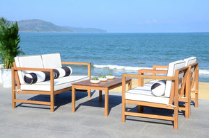 Safavieh Montez Outdoor Set with Accent Pillows 4 Piece Teak Black White Silver Eucalyptus Wood Polyester Foam Galvanized Steel PAT7030C 889048367500