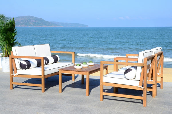 Safavieh Montez Outdoor Set with Accent Pillows 4 Piece Teak Black White Silver Eucalyptus Wood Polyester Foam Galvanized Steel PAT7030C 889048367500