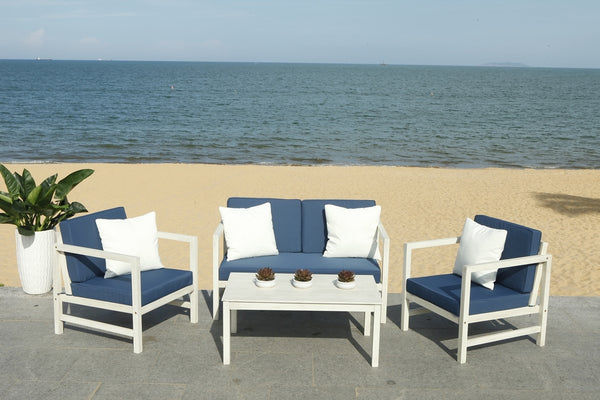 Safavieh Montez 4 Piece Outdoor Set with Accent Pillows White Navy Wood Eucalyptus Wood Polyester Foam Galvanized Steel PAT7030D