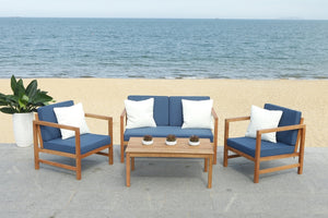 Safavieh Montez 4 Piece Outdoor Set with Accent Pillows Natural Navy Wood Eucalyptus Wood Polyester Foam Galvanized Steel PAT7030E