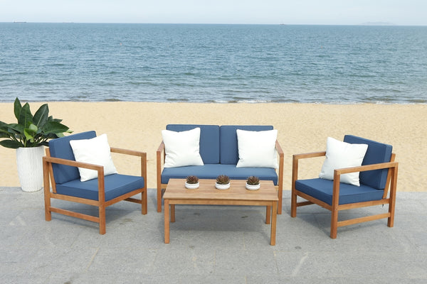 Safavieh Montez 4 Piece Outdoor Set with Accent Pillows Natural Navy Wood Eucalyptus Wood Polyester Foam Galvanized Steel PAT7030E
