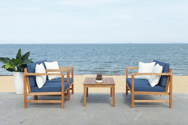 Safavieh Montez 4 Piece Outdoor Set with Accent Pillows Natural Navy Wood Eucalyptus Wood Polyester Foam Galvanized Steel PAT7030E