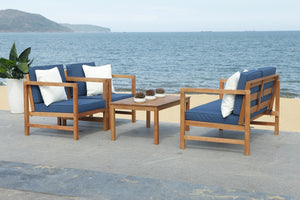 Safavieh Montez 4 Piece Outdoor Set with Accent Pillows Natural Navy Wood Eucalyptus Wood Polyester Foam Galvanized Steel PAT7030E
