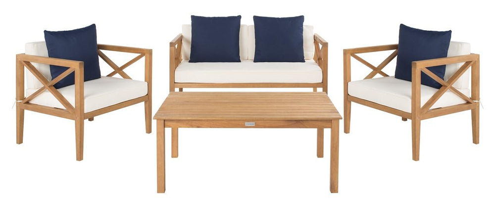 Safavieh Nunzio Outdoor Set with Accent Pillows 4 Piece Teak White Navy Silver Eucalyptus Wood Polyester Foam Galvanized Steel PAT7031A 889048319080