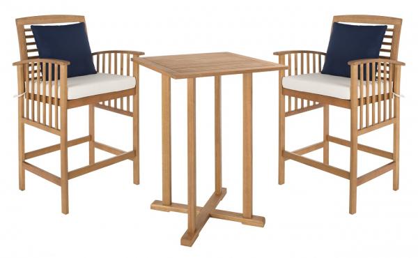 Safavieh Pate Bistro Set 39.8" Bar Table 3 Piece Teak White Silver Eucalyptus Wood Polyester Foam Galvanized Steel PAT7043A 889048367487