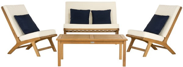 Safavieh Chaston Outdoor Living Set 4 Piece Teak White Light Blue Silver Eucalyptus Wood Polyester Foam Galvanized Steel PAT7044A 889048368040