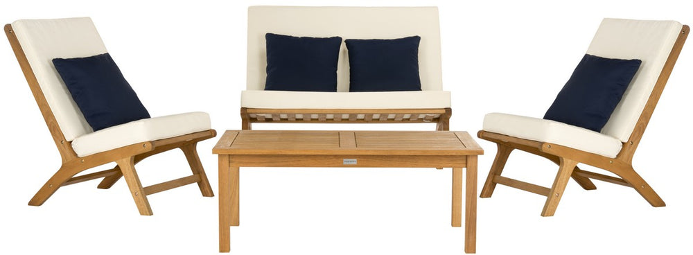 Safavieh Chaston Outdoor Living Set 4 Piece Teak White Light Blue Silver Eucalyptus Wood Polyester Foam Galvanized Steel PAT7044A 889048368040