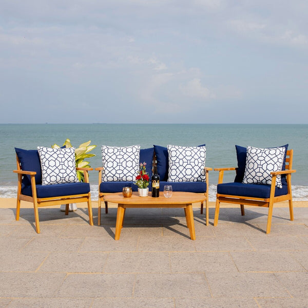 Deacon Contemporary 4-Piece Living Set for Stylish Outdoor Spaces with Comfy Pillows and Table
