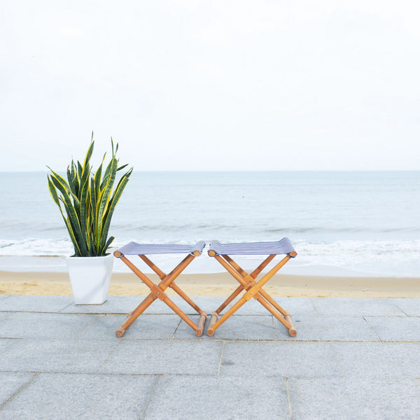 Breanne Stool Set of 2 - Chic Eucalyptus Wood Design with Navy Stripes for Stylish Outdoor Living