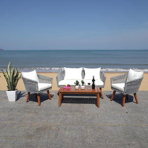 Velso 4-Piece Luxe Boho Outdoor Living Set with Acacia Wood, Navy Rope, and Cozy Beige Cushions