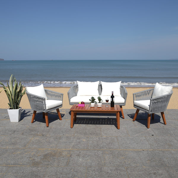 Velso 4-Piece Luxe Boho Outdoor Living Set with Acacia Wood, Navy Rope, and Cozy Beige Cushions