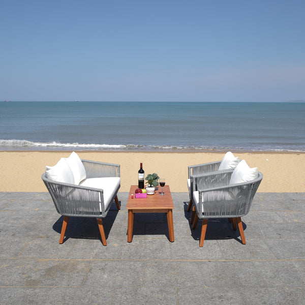 Velso 4-Piece Luxe Boho Outdoor Living Set with Acacia Wood, Navy Rope, and Cozy Beige Cushions