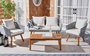 Velso 4-Piece Luxe Boho Outdoor Living Set with Acacia Wood, Navy Rope, and Cozy Beige Cushions