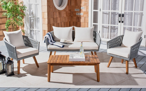 Velso 4-Piece Luxe Boho Outdoor Living Set with Acacia Wood, Navy Rope, and Cozy Beige Cushions