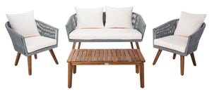 Velso 4-Piece Luxe Boho Outdoor Living Set with Acacia Wood, Navy Rope, and Cozy Beige Cushions