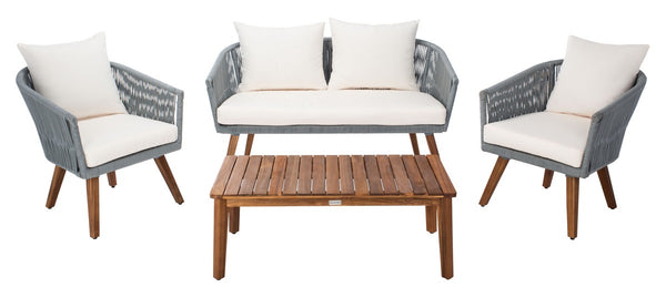 Velso 4-Piece Luxe Boho Outdoor Living Set with Acacia Wood, Navy Rope, and Cozy Beige Cushions