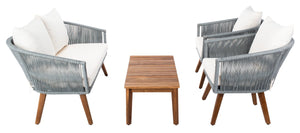 Velso 4-Piece Luxe Boho Outdoor Living Set with Acacia Wood, Navy Rope, and Cozy Beige Cushions