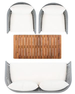 Velso 4-Piece Luxe Boho Outdoor Living Set with Acacia Wood, Navy Rope, and Cozy Beige Cushions