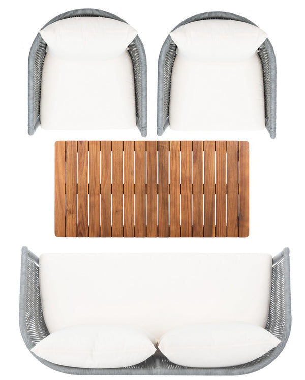 Velso 4-Piece Luxe Boho Outdoor Living Set with Acacia Wood, Navy Rope, and Cozy Beige Cushions