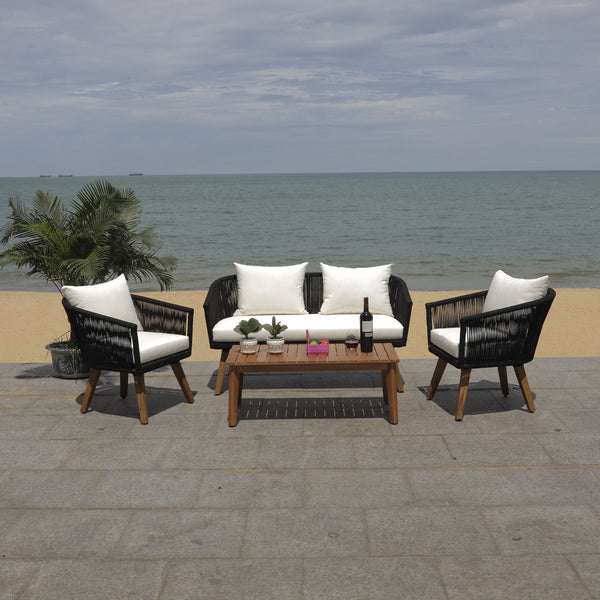 Velso 4-Piece Luxe Boho Outdoor Living Set with Acacia Wood, Navy Rope, and Cozy Beige Cushions