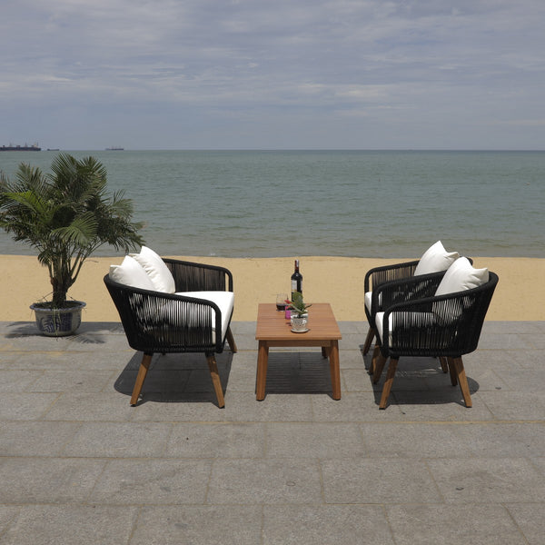 Velso 4-Piece Luxe Boho Outdoor Living Set with Acacia Wood, Navy Rope, and Cozy Beige Cushions