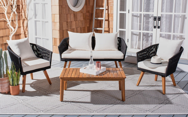 Velso 4-Piece Luxe Boho Outdoor Living Set with Acacia Wood, Navy Rope, and Cozy Beige Cushions