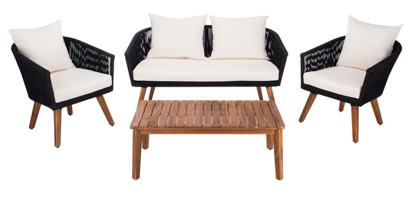 Velso 4-Piece Luxe Boho Outdoor Living Set with Acacia Wood, Navy Rope, and Cozy Beige Cushions