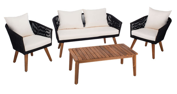 Velso 4-Piece Luxe Boho Outdoor Living Set with Acacia Wood, Navy Rope, and Cozy Beige Cushions