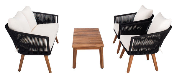 Velso 4-Piece Luxe Boho Outdoor Living Set with Acacia Wood, Navy Rope, and Cozy Beige Cushions