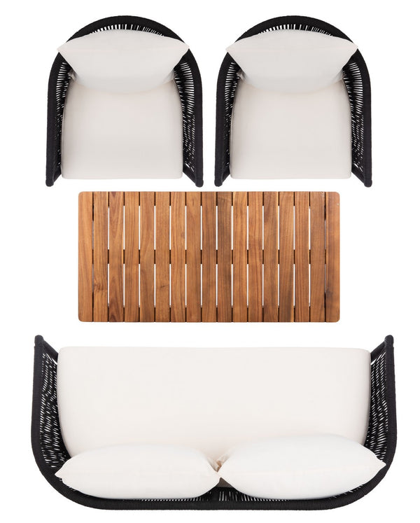 Velso 4-Piece Luxe Boho Outdoor Living Set with Acacia Wood, Navy Rope, and Cozy Beige Cushions