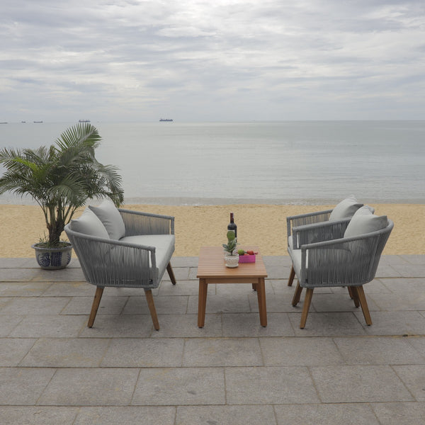 Velso 4-Piece Luxe Boho Outdoor Living Set with Acacia Wood, Navy Rope, and Cozy Beige Cushions