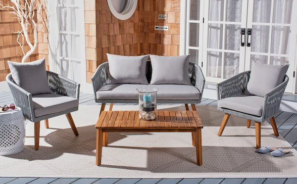 Velso 4-Piece Luxe Boho Outdoor Living Set with Acacia Wood, Navy Rope, and Cozy Beige Cushions