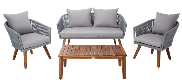 Velso 4-Piece Luxe Boho Outdoor Living Set with Acacia Wood, Navy Rope, and Cozy Beige Cushions